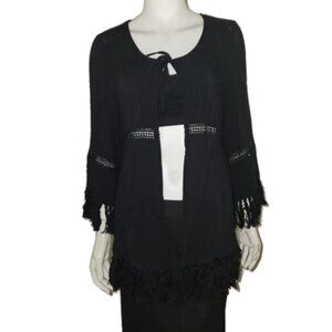 Haute Society Size Medium Black Long Sleeve Fringe kimono Style Top
